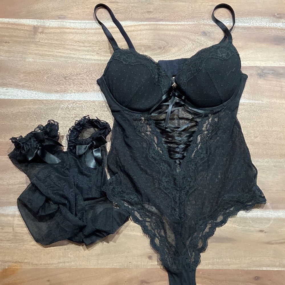bodysuit lingerie with pantyhose socks w bows and frills